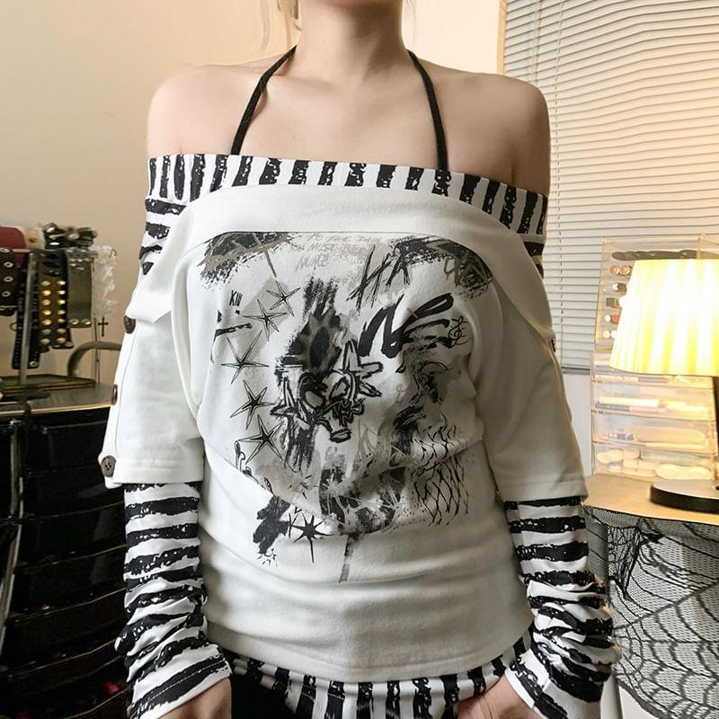 Long Sleeve Mock Two Piece Striped Panel Graphic Print Loose-Fit Top Product Image