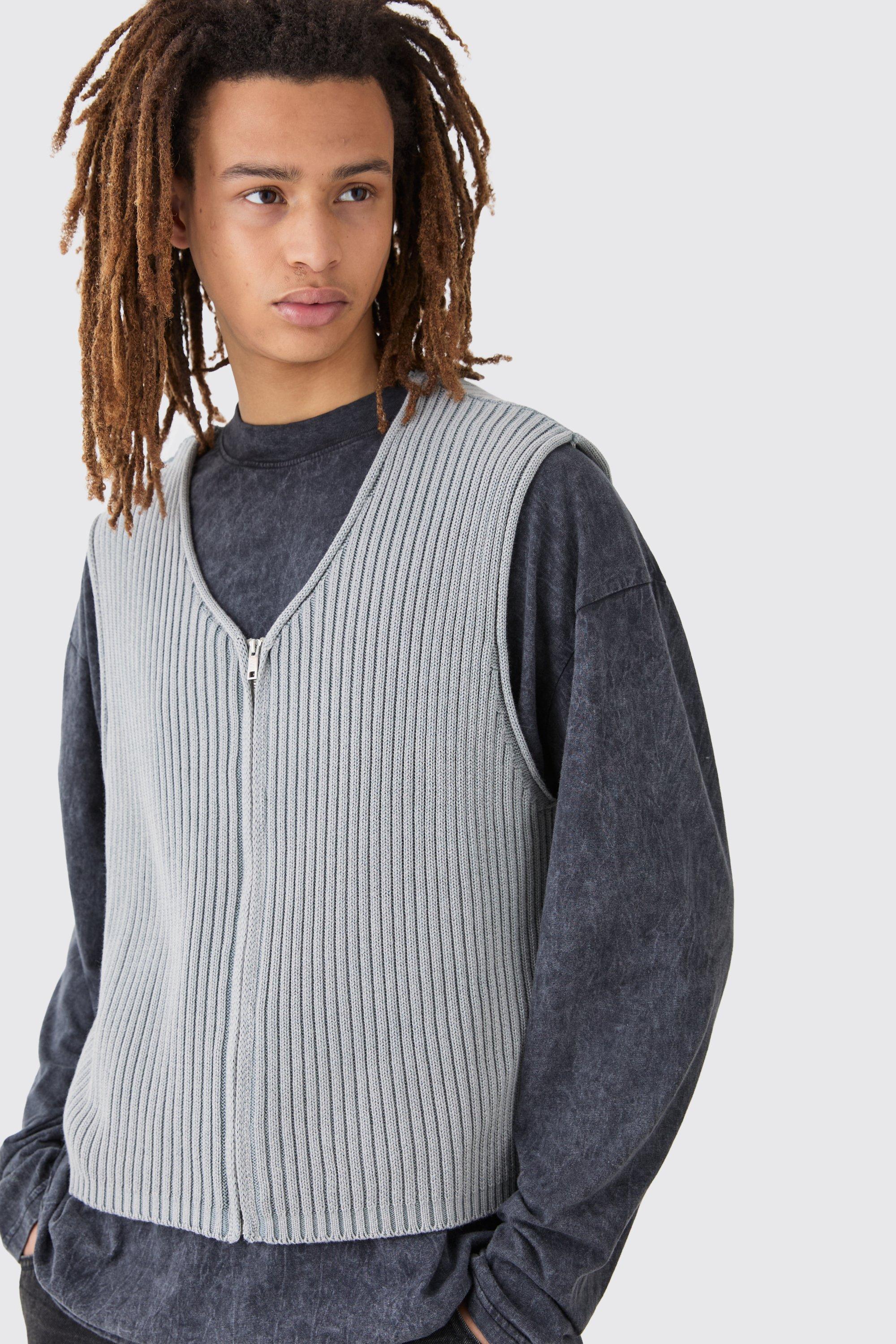 Boxy Acid Wash Ribbed Knit Gilet In Grey | boohooMAN USA Product Image