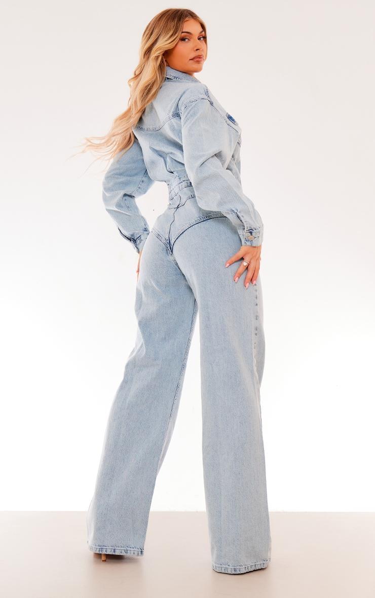 Light Blue Wash Seam Detail Button Up Denim Jumpsuit Product Image