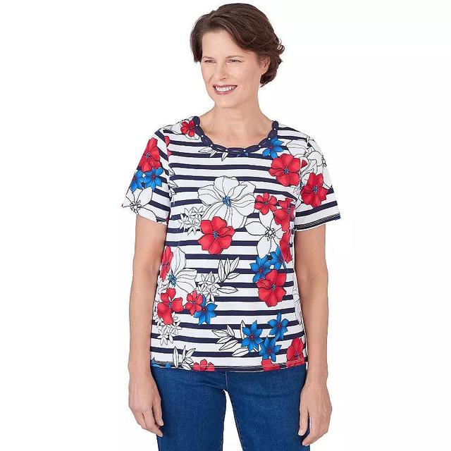 Womens Alfred Dunner Floral Stripe Braided Neck T-Shirt Product Image