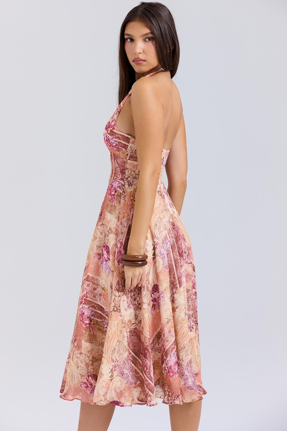 Solada Paisley Patchwork Print Georgette Halter Sundress Product Image