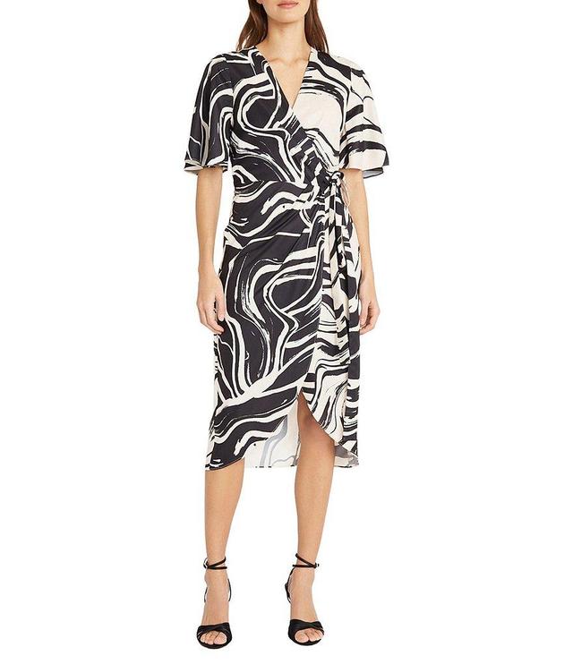 Donna Morgan Printed Surplice V Neckline Short Sleeve Midi Wrap Dress Product Image