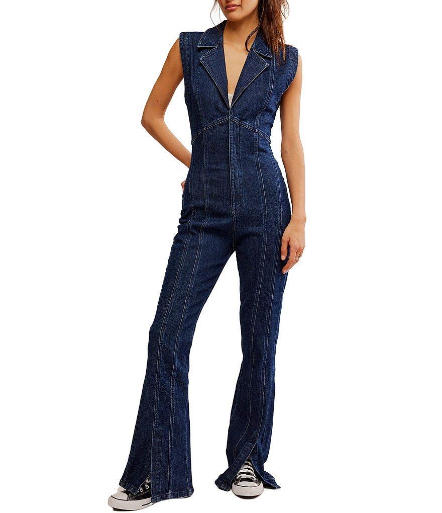 Free People CRVY Ring The Alarm Denim V-Neck Sleeveless Zip Front Flare Jumpsuit Product Image