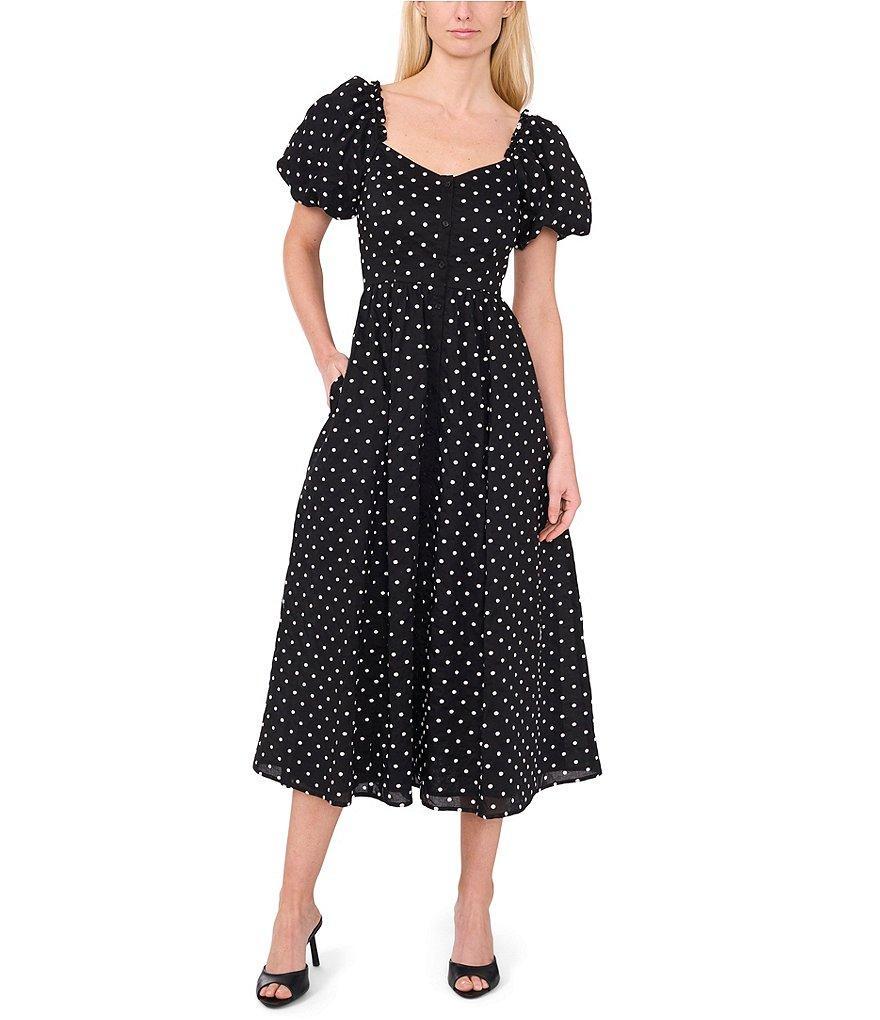 CeCe V Neck Short Puffed Sleeve Polka Dot Midi Dress product image