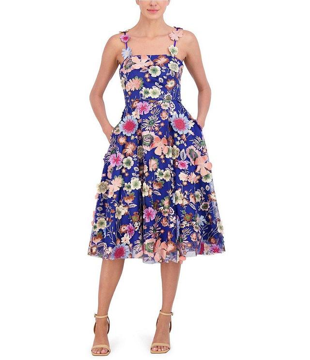 Eliza J 3D Floral Embroidered Square Neck Sleeveless Midi Dress Product Image