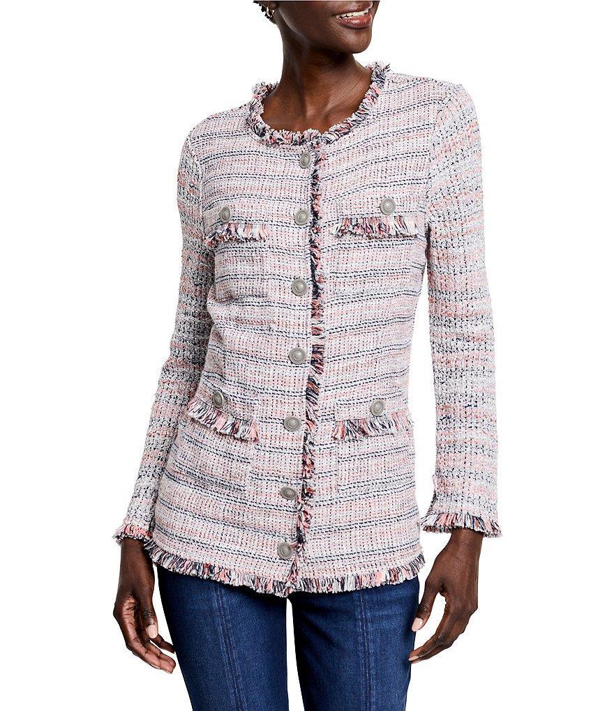 NIC + ZOE Femme Fringe Trim Mix Knit Plaid Print Long Sleeve Button Front Fashion Jacket Product Image