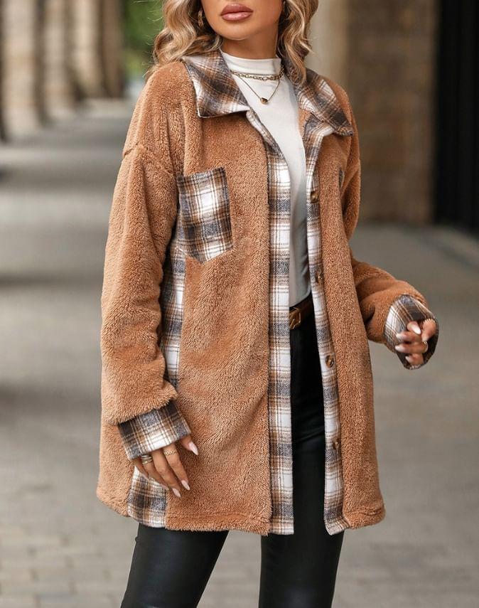 Collared Plaid Panel Button-Up Coat Product Image