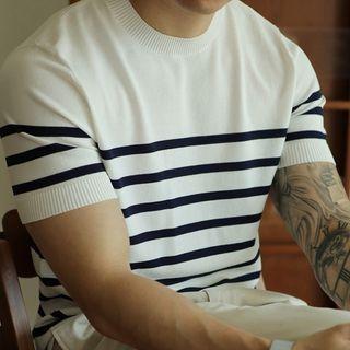 Short-Sleeve Crew Neck Striped Knit Top Product Image