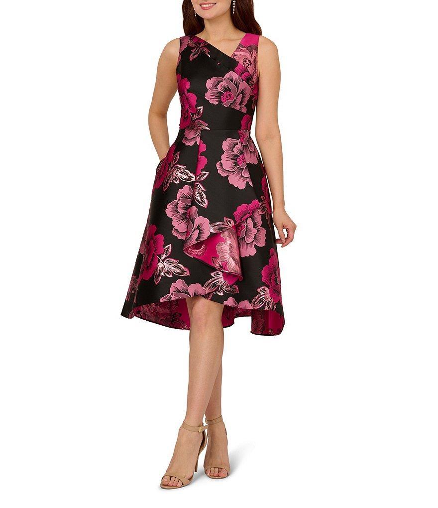 Adrianna Papell Floral Jacquard Asymmetrical V-Neck Sleeveless Front Ruffle Dress Product Image