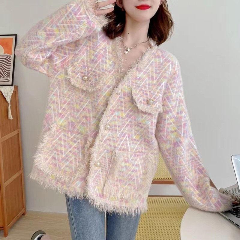 V-Neck Zig Zag Fringe Faux Pearl Button Cardigan Product Image