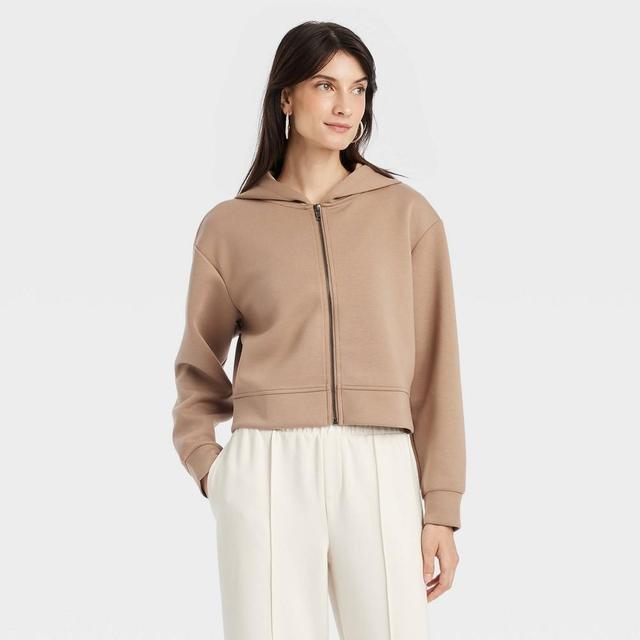 Womens Double Knit Zip Hoodie Sweatshirt - A New Day Light Brown M Product Image