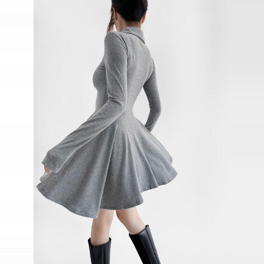 Long Sleeve Polo Collar Plain Mini A-Line Dress Product Image