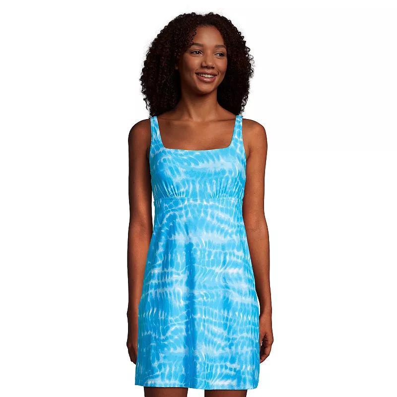 Womens Lands End Tummy Control UPF 50 Squareneck One-Piece Swim Dress Blue Space Dye Product Image