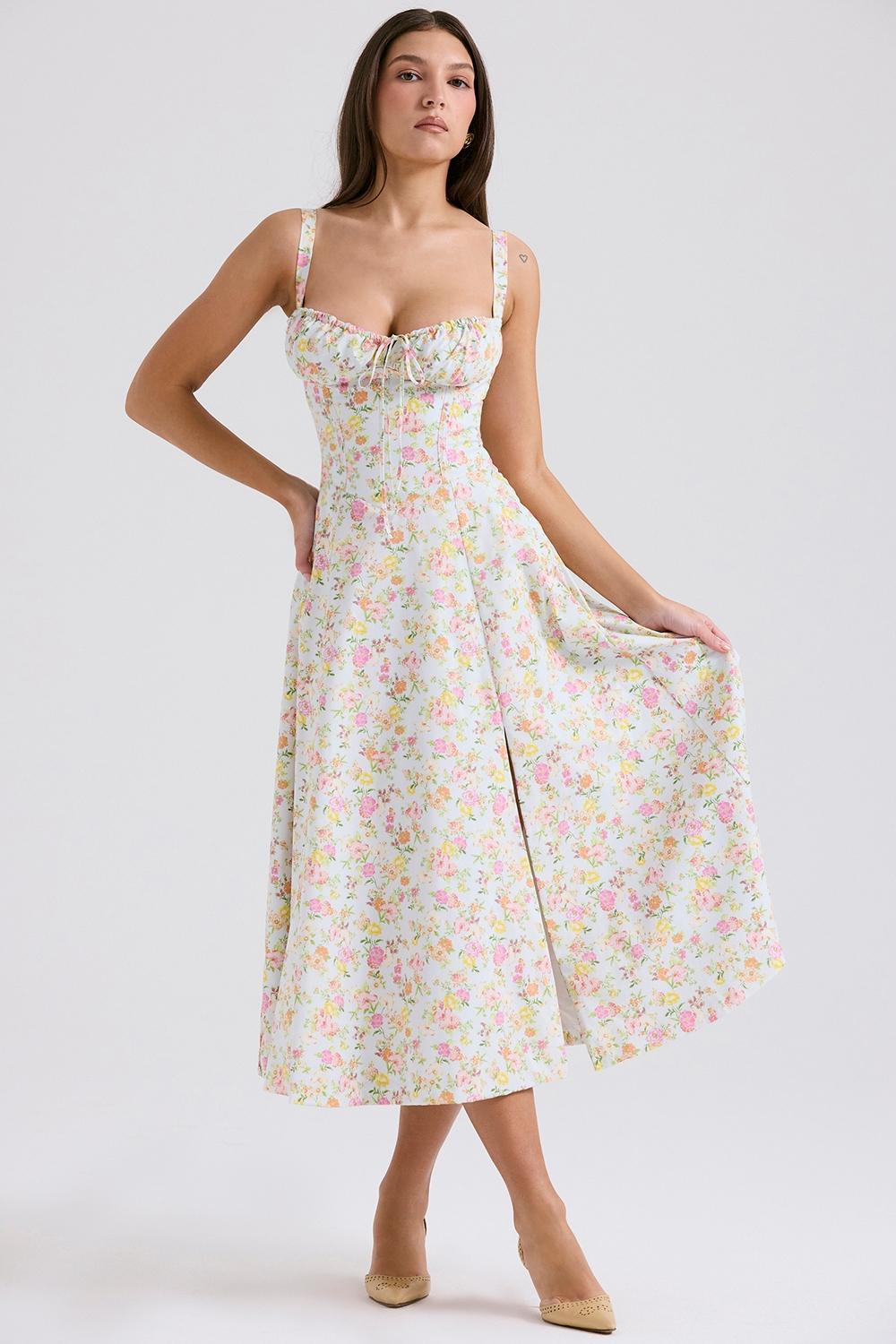 Carmen Pale Blue Meadow Print Cotton Bustier Sundress Product Image