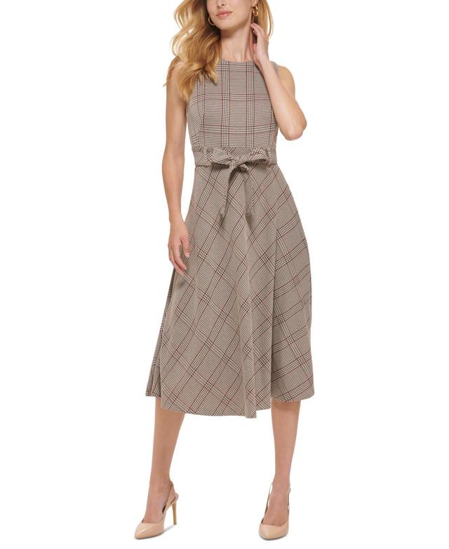 Calvin Klein Womens Menswear Plaid Belted Midi Dress - Khaki Product Image