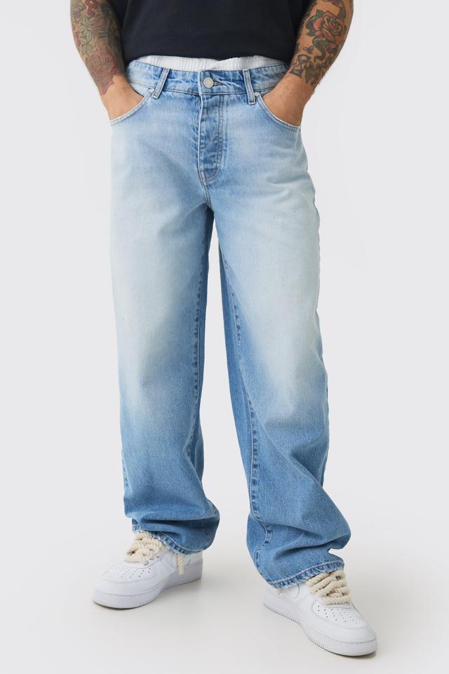 Baggy Rigid Double Waistband Denim Jeans In Light Blue | boohooMAN USA Product Image