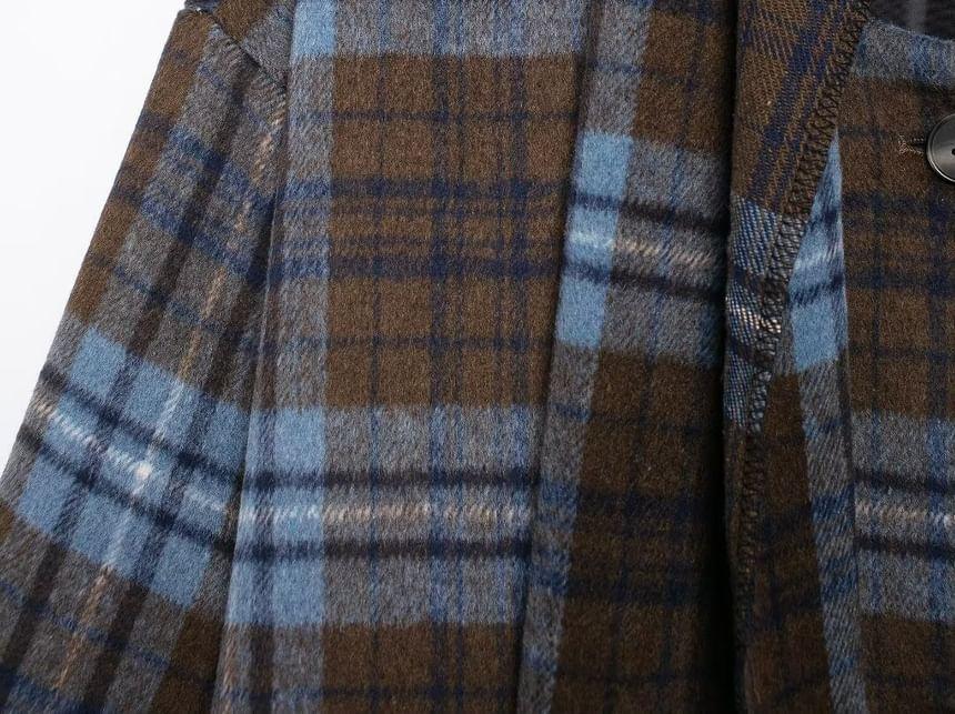 Set: Plaid Button-Up Long Coat + Scarf Product Image