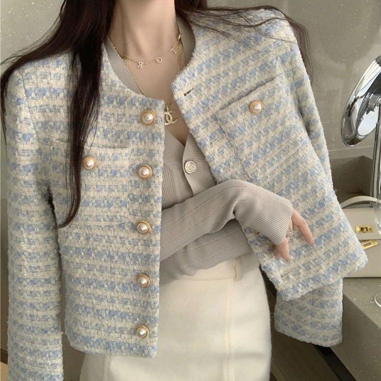 Round Neck Tweed Faux Pearl Button Jacket Product Image