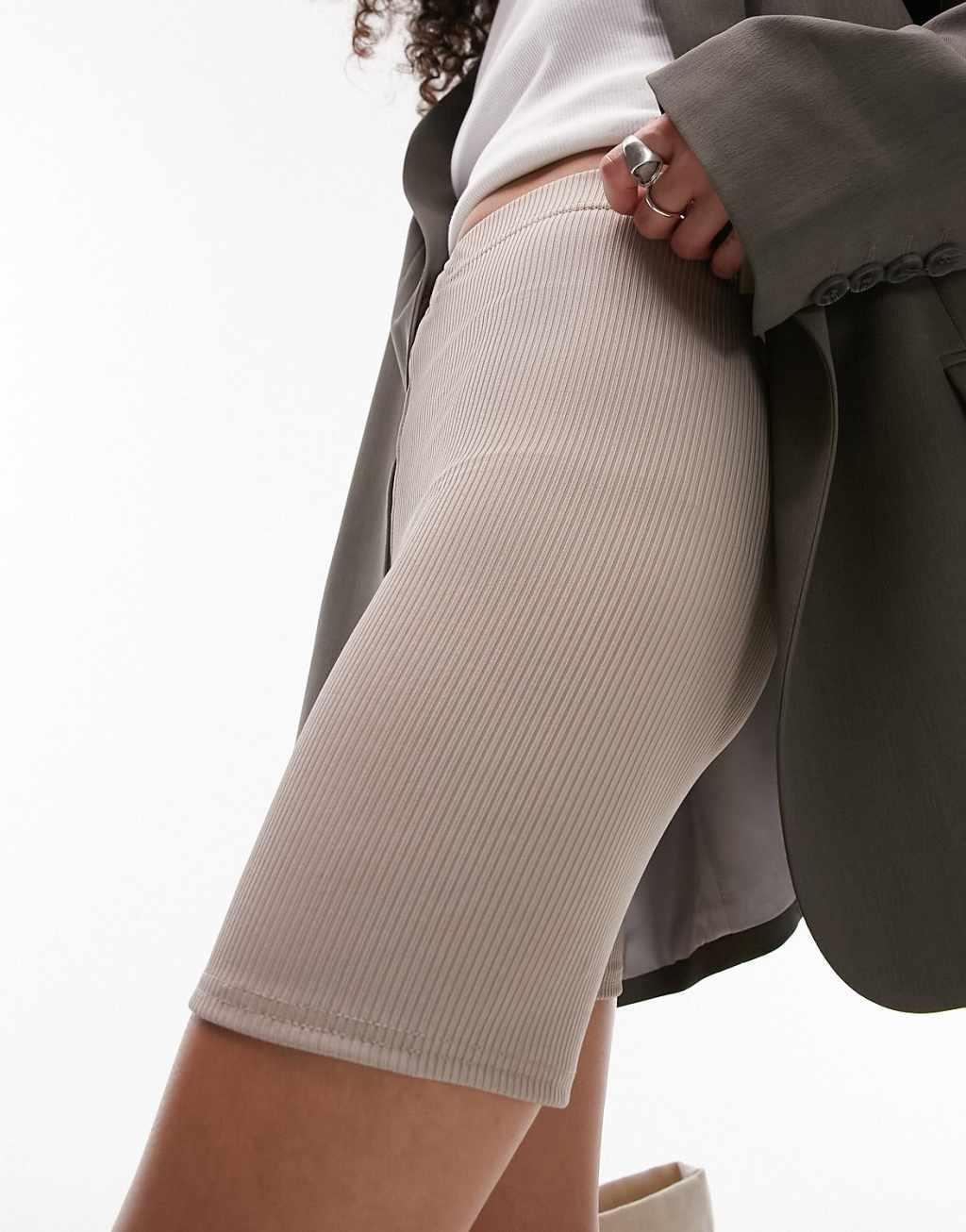 Topshop skinny ribbed legging shorts in taupe Product Image