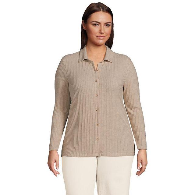 Womens Lands End Long-Sleeve Ribbed Button-Front Polo Top Product Image