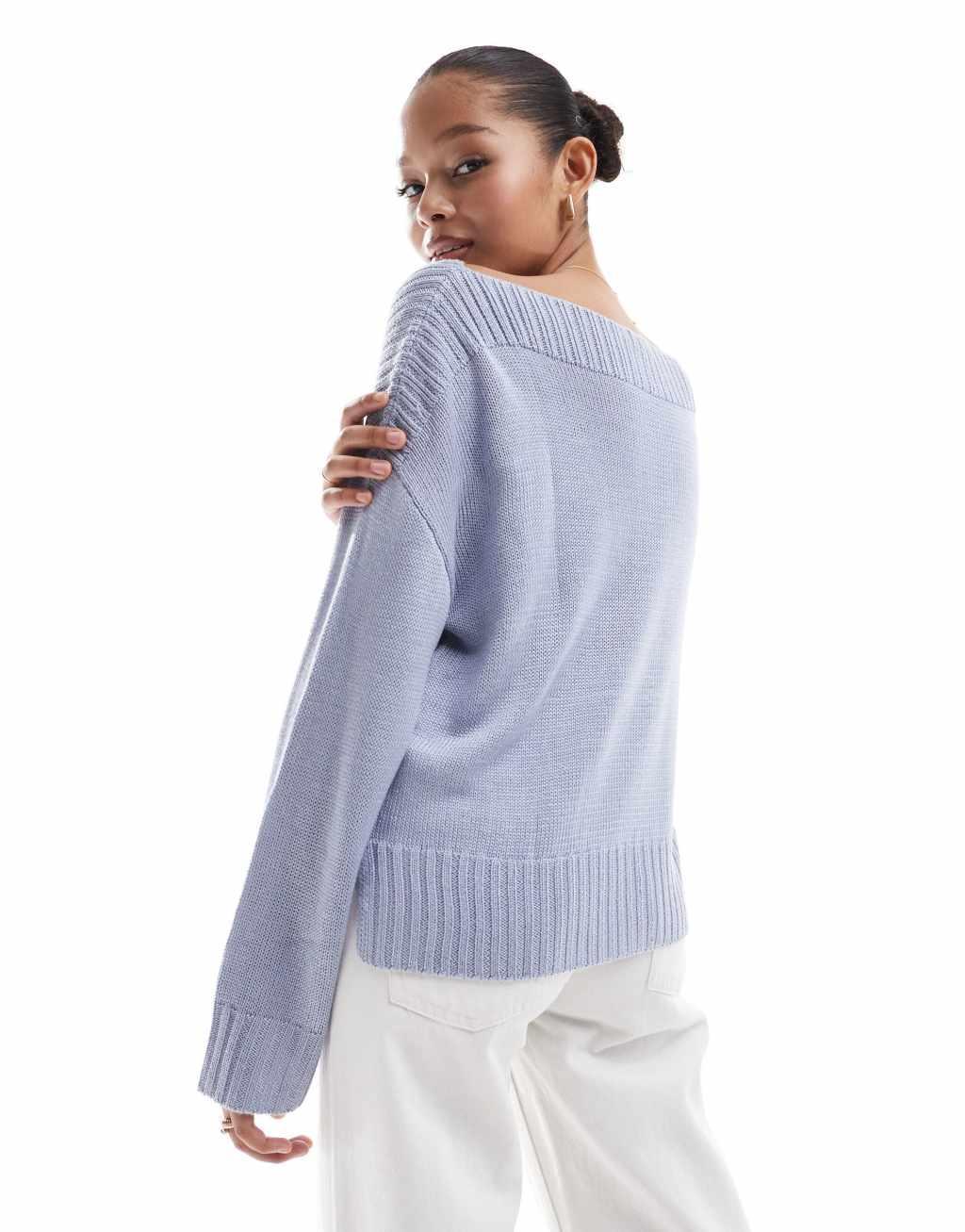 Stradivarius boat neck sweater in light blue Product Image