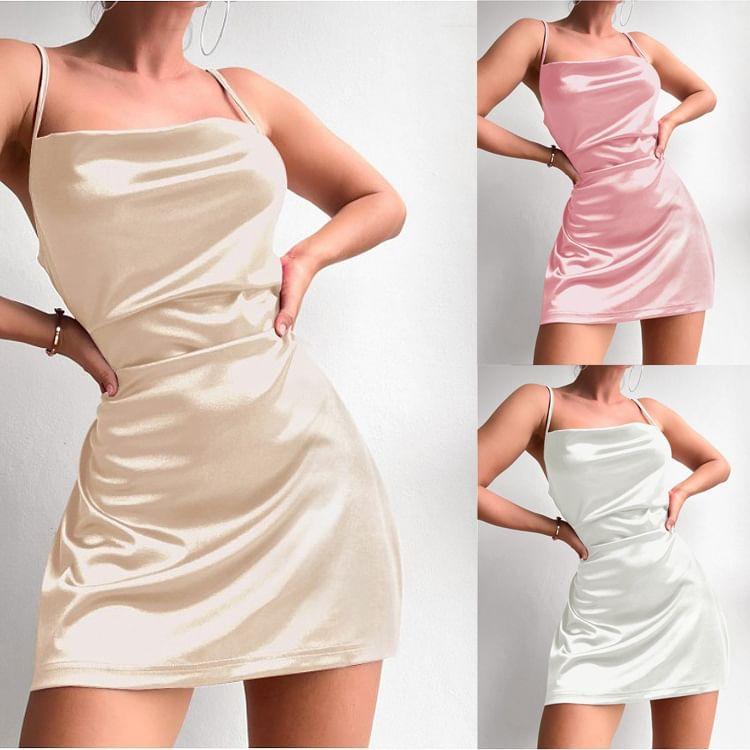 Spaghetti Strap Cowl Neck Plain Satin Mini A-Line Dress Product Image