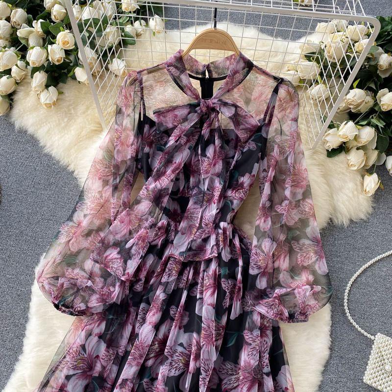 Puff-Sleeve Floral Print Midi A-Line Dress Product Image