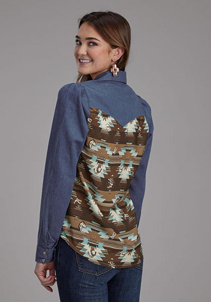 Roper® Ladies' L/S Denim/Aztec Print Back Snap Shirt Product Image