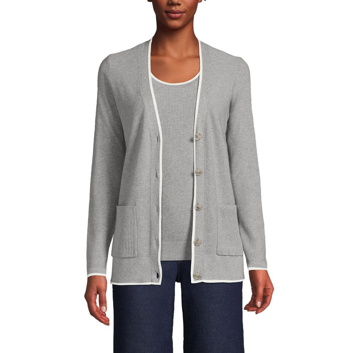 Womens Lands End Fine Gauge Cotton Cardigan & Tank Top Sweater Set Twlght Grey Ivory Product Image