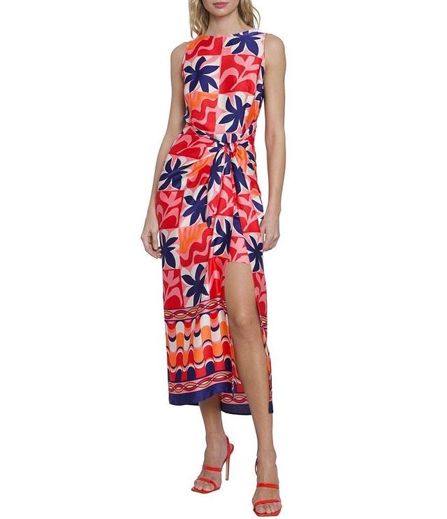 Donna Morgan Floral Print Charmeuse Sleeveless Knot Waist Midi Dress Product Image