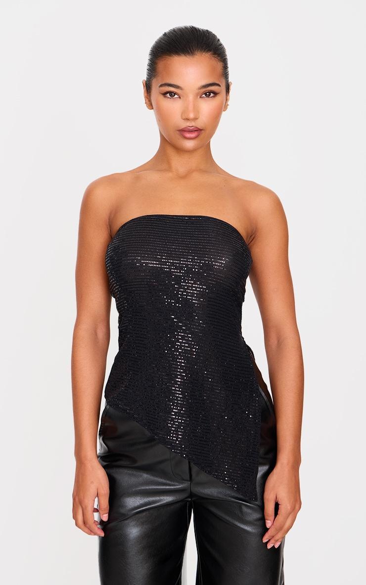 Black Sequin Detail Asymmetric Hem Bandeau Long Top Product Image