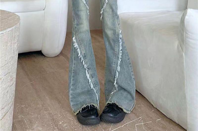 High Waist Fringed Washed Flared Jeans Product Image