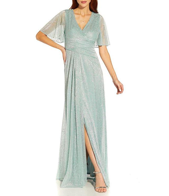 Adrianna Papell Floral Metallic Mesh Surplice V-Neck Short Flutter Sleeve Lace Thigh High Slit Side Wrap A-Line Gown Product Image