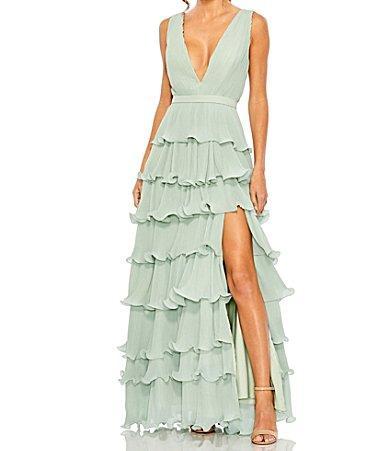 Mac Duggal Deep V-Neck Sleeveless Ruffle Tiered Thigh High Slit Gown Product Image