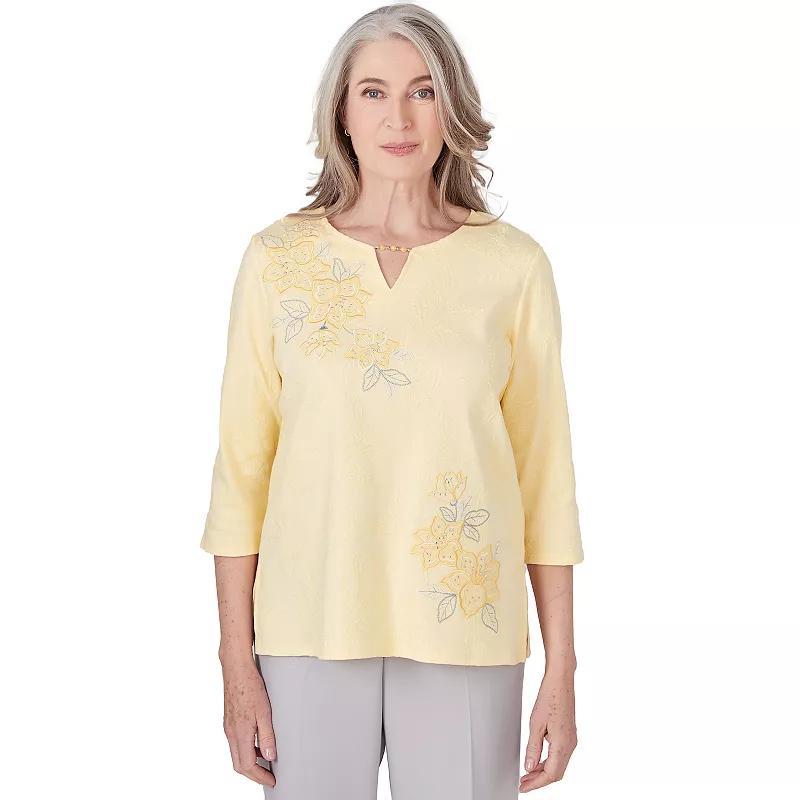 Petite Alfred Dunner Three Quarter Sleeve Top with Embroidered Floral Details, Womens Product Image