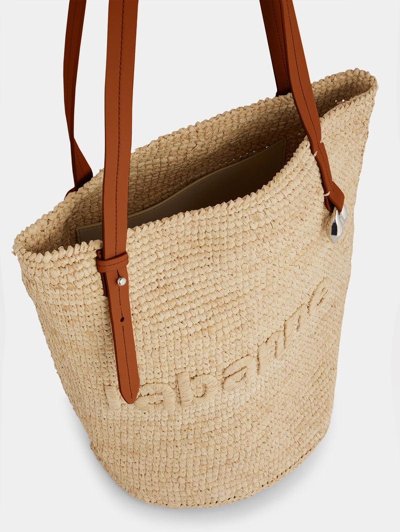 Beige Raffia Tote Bag with logo Product Image