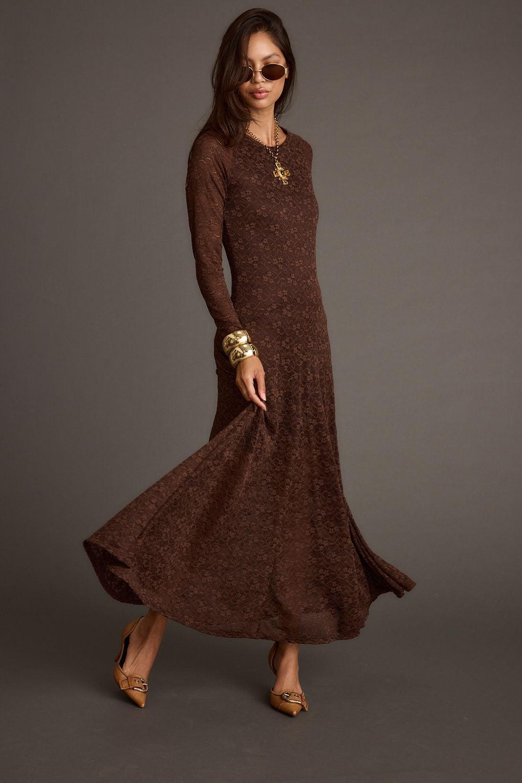 Tierra Brown Lace Long Sleeve Maxi Dress Product Image