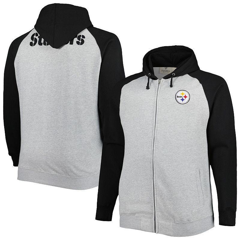 Mens Heather Gray Pittsburgh Steelers Big & Tall Fleece Raglan Full-Zip Hoodie Jacket Product Image