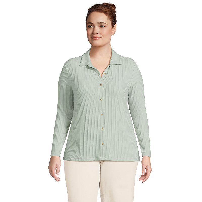 Plus Size Lands End Long Sleeve Wide Rib Button Front Polo Shirt, Womens Dark Blue Product Image