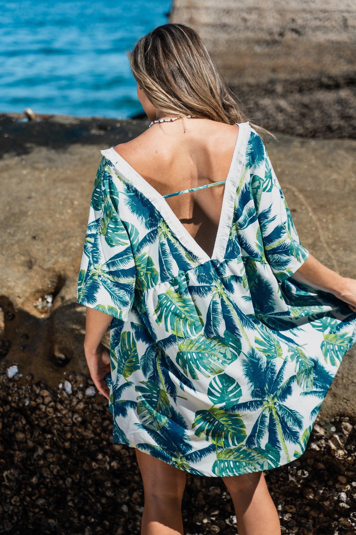 Tropical Leaf Print V-neck Cover-Up Dress Product Image