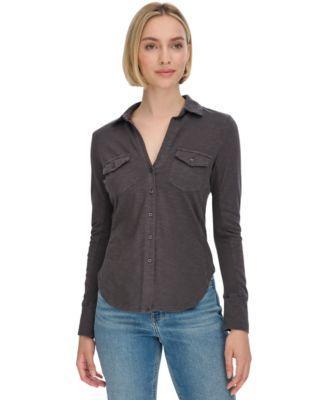 Petite Collared Button-Front Cotton Shirt Product Image