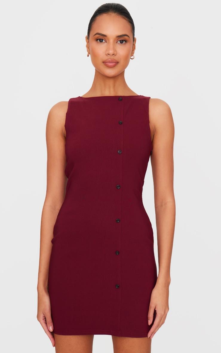 Burgundy Stretch Woven Button Down Shift Dress Product Image