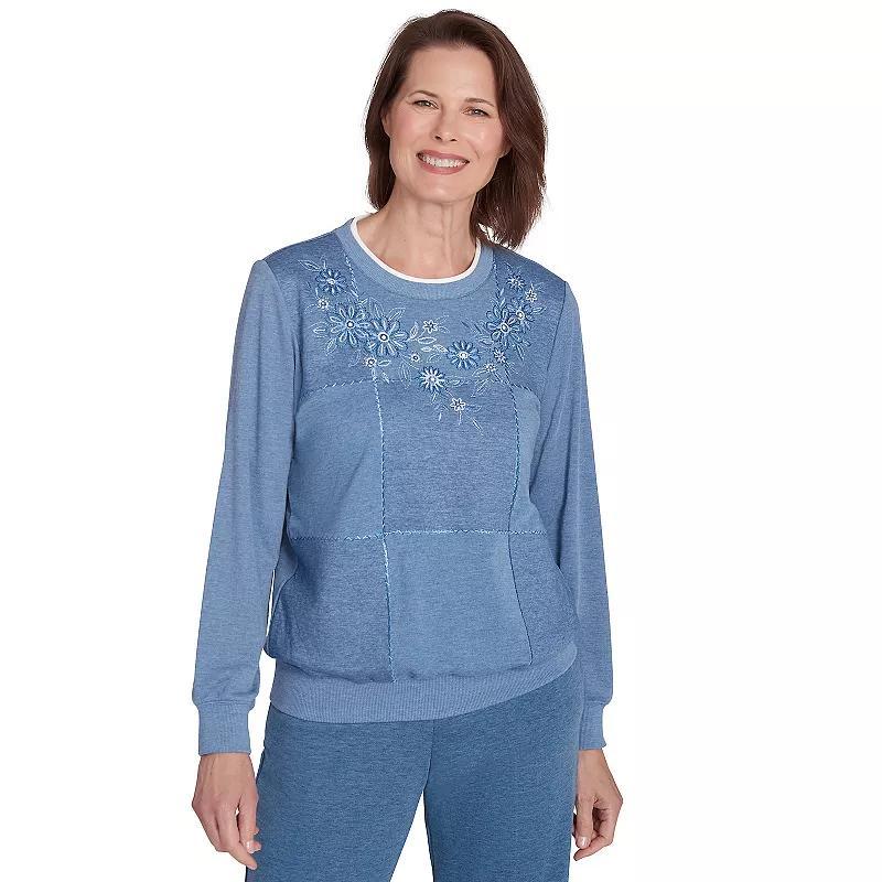 Womens Alfred Dunner Embroidered Boxes Cozy Crewneck Top Blue Product Image