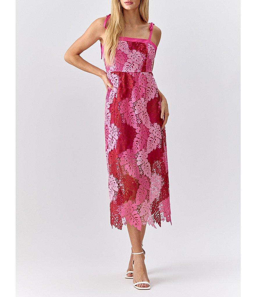 Adelyn Rae Multicolor Lace Square Neck Sleeveless Tie Shoulder Midi Dress Product Image