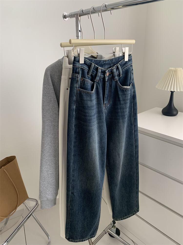 High Rise Fleece-Lined Washed Cropped Straight Leg Jeans Product Image