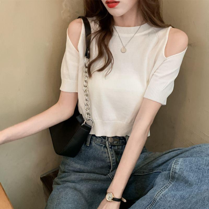 Short-Sleeve Cutout Knit Top Product Image