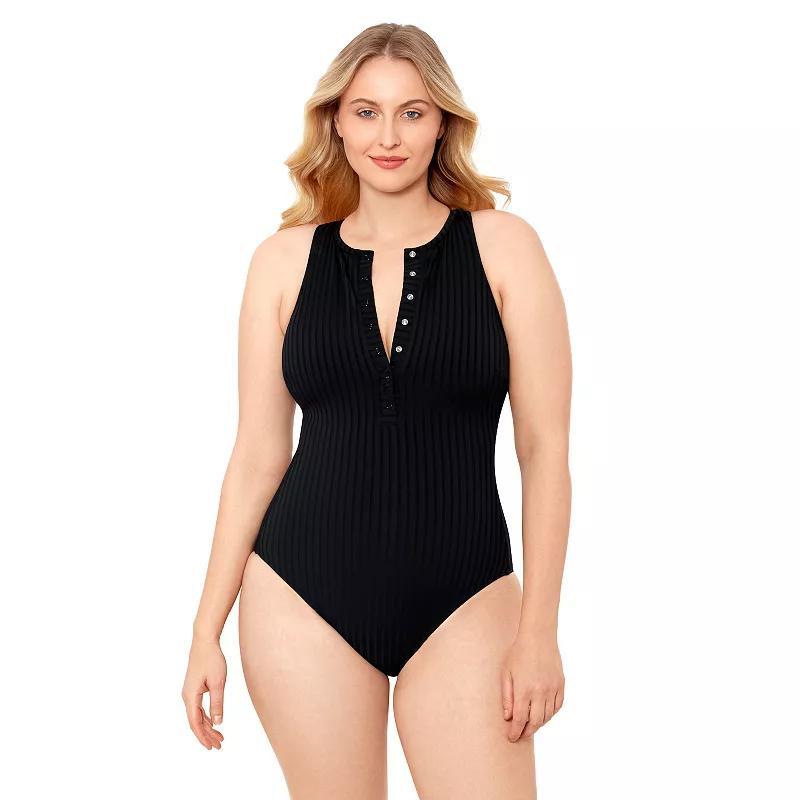 Womens S3 Swim Smoothing Ribbed High Neck Snap Front One Piece Swimsuit, Womens Product Image