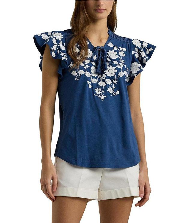 Lauren Ralph Lauren Lainsee Floral Embroidered Jersey Tie-Neck Short Sleeve Top Product Image