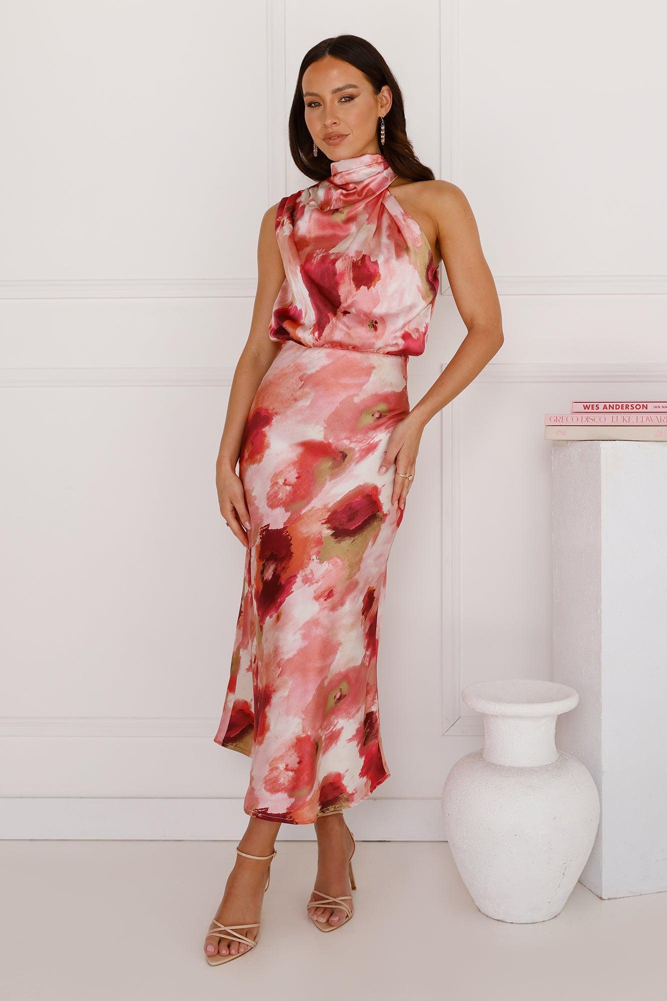 Blossom Trails Satin Maxi Dress Pink Product Image