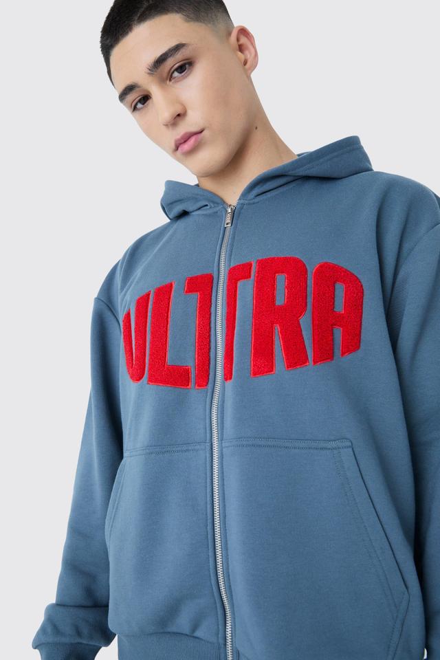 Oversized Boxy Zip Thru Borg Applique Hoodie | boohooMAN USA Product Image